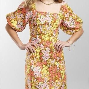 Billabong Paradise Floral Print Mini Dress Off Shoulders Puff Sleeves Large